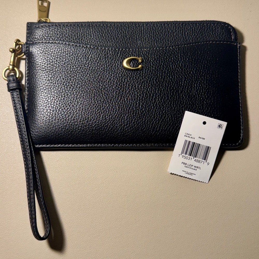 Coach L Zip Wristlet clutch in Polished pebble leather brass hardware